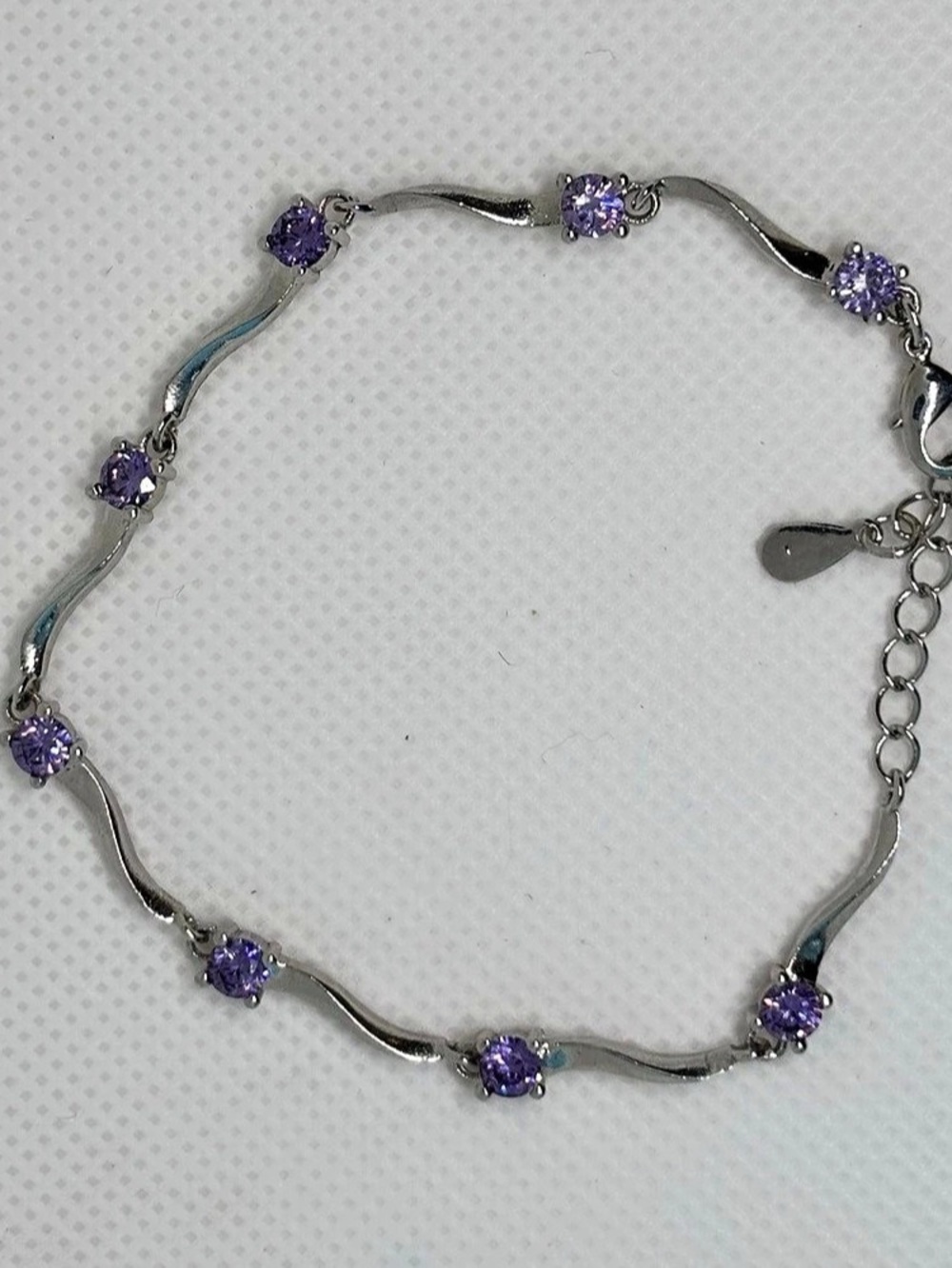 925 Sterling Silver Purple Round CZ Link Tennis Bracelet 7-8in Adjustable